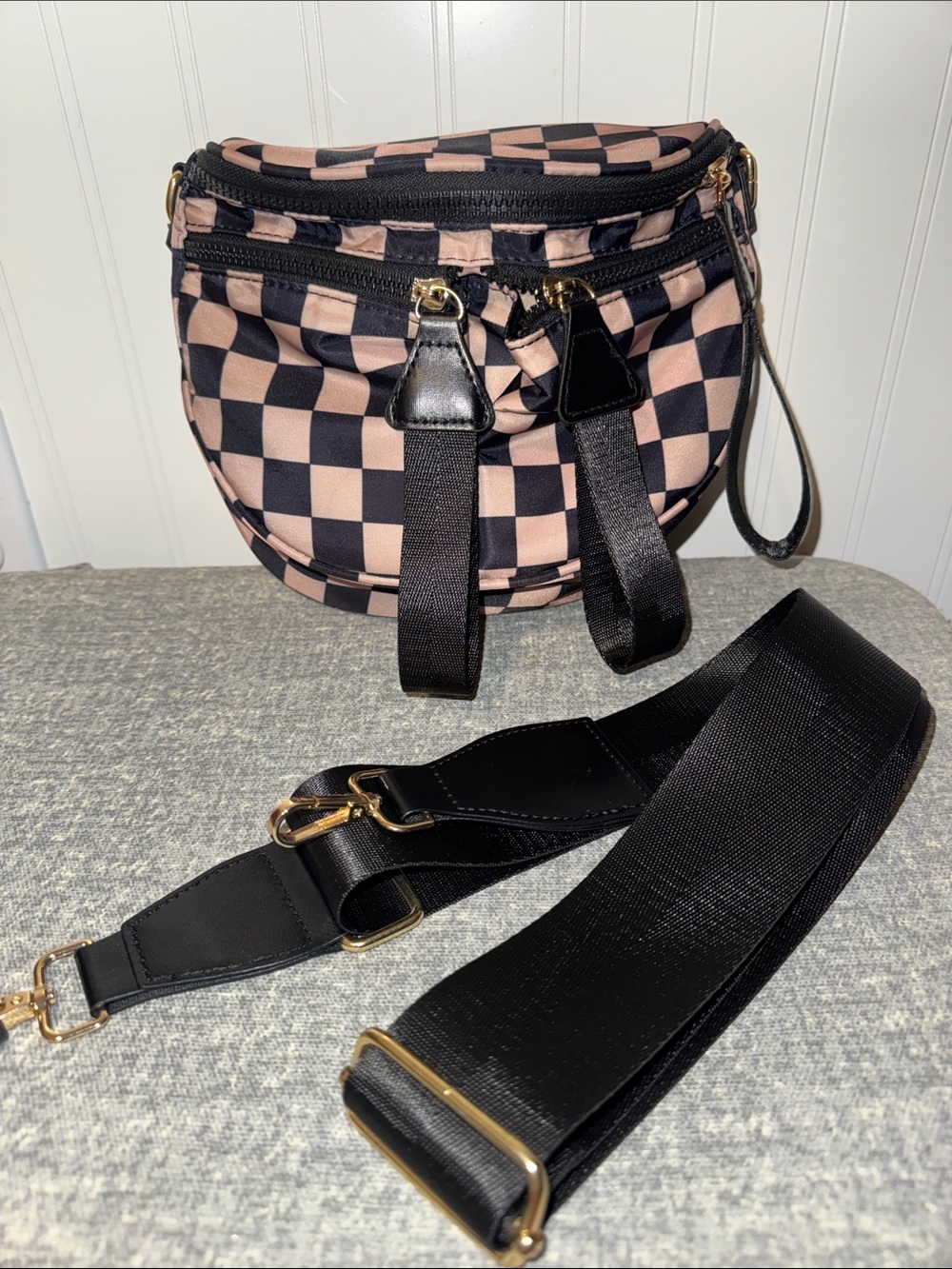 Checkerboard Crossbody Bag in Blush and Black with Removable Strap